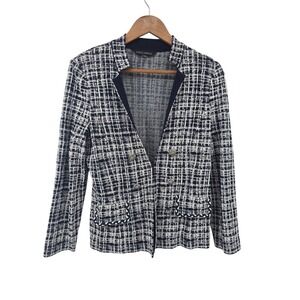 Ming Wang Jacket Womens PXS Navy White Plaid Knit Blazer Career Open Front PXS